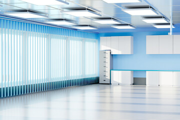 Poster - Workshop interior. Room with closets next to wall. Empty workshop. Modern workshop space. Large windows hidden behind blinds. Room with interior in blue tones. High ceiling premises. 3d image.