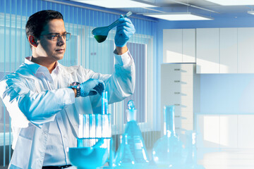 Poster - man is scientist. young scientist is doing research. man with test tube looks at clock. guy in white