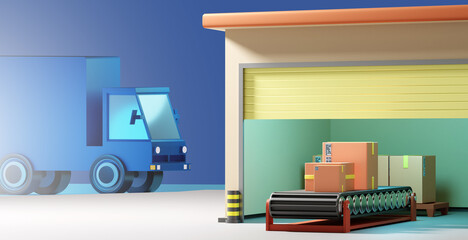 Poster - Warehouse Logistics. Truck near small warehouse. Conveyor with boxes. Service fulfillment concept. Logistic warehouse on blue. Distribution center. Logistics processes in business. 3d image