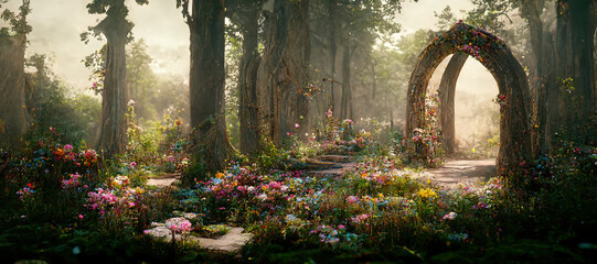 spectacular archway covered with vine in the middle of fantasy fairy tale forest landscape, misty on