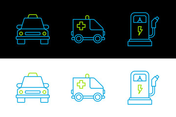 Sticker - Set line Electric car charging station, Taxi and Ambulance and emergency icon. Vector