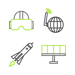 Sticker - Set line Solar energy panel, Rocket ship with fire, Social network and Virtual reality glasses icon. Vector