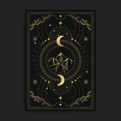 Mountain, crescent moon, golden sacred geometry