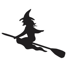 Halloween Icon Isolated On A White Background. Vector Art, Emotional Flying Witch Silhouette Clipart.