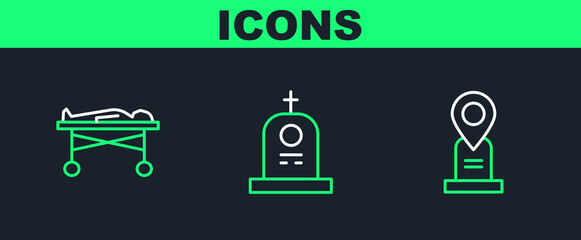 Poster - Set line Location grave, Dead body in the morgue and Grave with tombstone icon. Vector