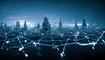 The concept of a high-speed internet connection visualized as cables linking up in a spectacular futuristic and cyberpunk cityscape with skyscrapers. Digital art 3D illustration.