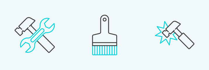 Sticker - Set line Hammer, and wrench and Paint brush icon. Vector