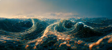 Spectacular Abstract Scene Of An Ocean Tidal Wave With A Horizontal And Clear Sky In The Background. Digital Art 3D Illustration.