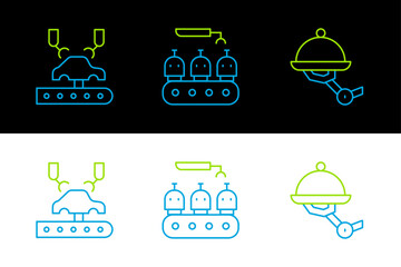 Poster - Set line Waiter robot, Robotic arm on factory and Industrial production of robots icon. Vector