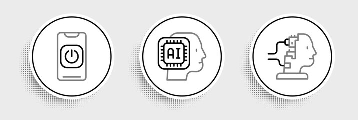Poster - Set line Robot for maintenance, Turn off robot from phone and Humanoid icon. Vector