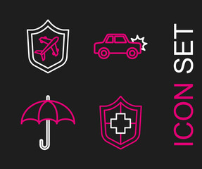 Sticker - Set line Life insurance with shield, Umbrella, Car and Plane icon. Vector