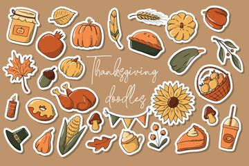 Wall Mural - Thanksgiving pre made stickers with white edge isolated on brown background. Good for prints, clipart, planners, organizer, labels, etc. EPS 10