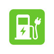 Green eco electric fuel pump icon, Charging point station for hybrid vehicles cars square sign, isolated on white background, Vector illustration
