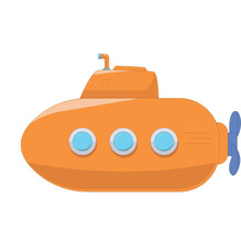 Orange Submarine, Cartoon Style, With Periscope, Underwater Ship Bathyscaphe, Diving Exploring Under The Sea Flat Design. Vector. Children's Cardboard Vector, Vector Illustartion Children,Illustration