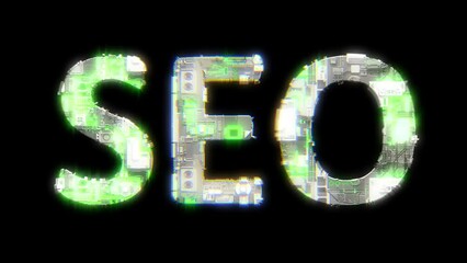 Poster - cybernetical text SEO with chromatic aberrance and glitch effects, isolated