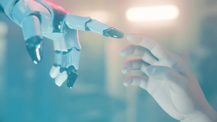 Robot hand touching human. AI (artificial intelligence) meets man. Rise of machine learning, robotics, science, looping animation