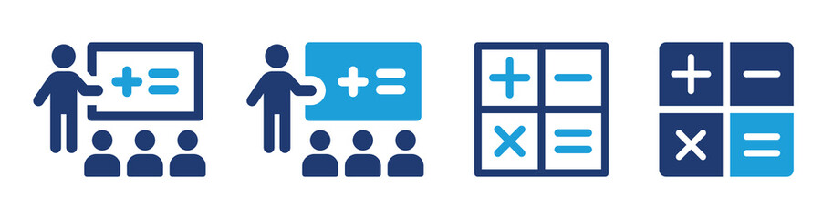 Mathematics icon set. Teacher teaching math icon vector illustration. Calculator symbol