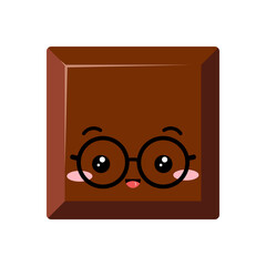 Wall Mural - Cute square chocolate bar piece in eyeglasses kids emoji character vector icon. Yummy milky smilling choco chunk with face. Kawaii cartoon style cacao sweet food morsel emoticon illustration.