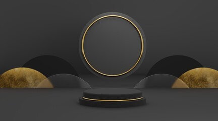 3d illustration render black platform ring with dark background for flyer display products design ba