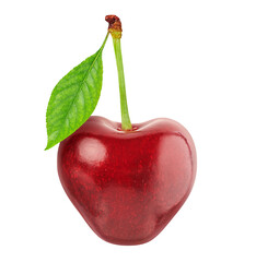 Wall Mural - Red juicy cherry with green leaf isolated