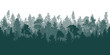 Forest background, beautiful landscape wallpaper. Silhouettes of pines, spruce, deciduous trees. Vector illustration