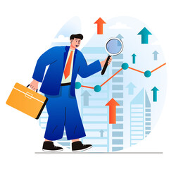 Poster - Searching opportunity concept in modern flat design. Businessman with briefcase is looking for new profitable business projects. Successful strategy, leadership and investment. Web illustration