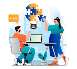 Poster - Teamwork concept in modern flat design. Team works in office, generates ideas, brainstorms, discusses tasks and cooperates at business meeting. Colleagues putting puzzle together. Web illustration