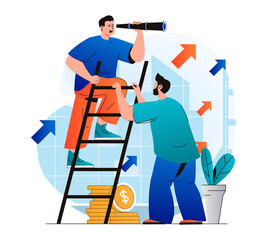 Poster - Teamwork concept in modern flat design. Colleagues work together on project, collaborate and partner, look for new opportunities and ideas, develop business and increase income. Web illustration