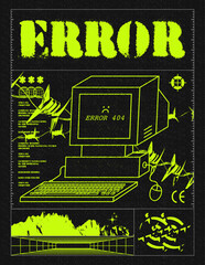 Wall Mural - retro futuristic poster with desktop computer and error 404. trendy grunge print for clothes, t-shir
