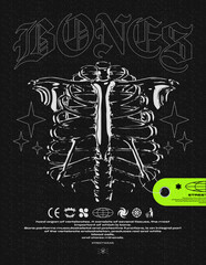 Wall Mural - retro futuristic poster with human skeleton and acid label. trendy grunge print for clothes, t-shirt