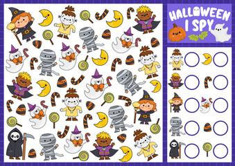 Wall Mural - Halloween I spy game for kids. Searching and counting activity with cute kawaii characters. Scary autumn printable worksheet for preschool children. Simple all saints day spotting puzzle.