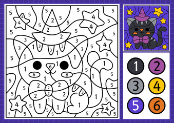 Wall Mural - Vector Halloween color by number activity with cute kawaii cat. Autumn scary holiday scene. Black and white counting game with funny animal. Trick or treat coloring page for kids.