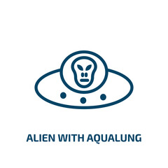 Poster - alien with aqualung icon from astronomy collection. Thin linear alien with aqualung, eyes, alien outline icon isolated on white background. Line vector alien with aqualung sign, symbol for web and