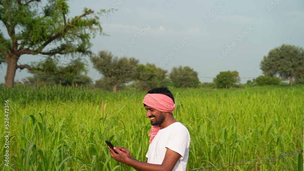 Young indian farmer showing smartphone screen at agriculture field ...