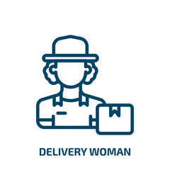 Poster - delivery woman icon from people collection. Thin linear delivery woman, box, delivery outline icon isolated on white background. Line vector delivery woman sign, symbol for web and mobile