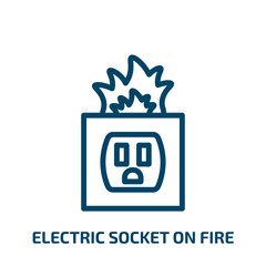 Poster - electric socket on fire icon from technology collection. Thin linear electric socket on fire, danger, fire outline icon isolated on white background. Line vector electric socket on fire sign, symbol