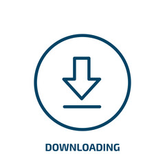 Poster - downloading icon from user interface collection. Thin linear downloading, arrow, download outline icon isolated on white background. Line vector downloading sign, symbol for web and mobile