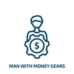 Poster - man with money gears icon from business collection. Thin linear man with money gears, business, money outline icon isolated on white background. Line vector man with money gears sign, symbol for web