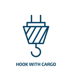 Poster - hook with cargo icon from construction tools collection. Thin linear hook with cargo, hook, cargo outline icon isolated on white background. Line vector hook with cargo sign, symbol for web and mobile