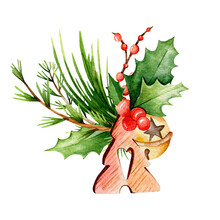 Watercolor Composition. Hand-drawn Christmas Wooden Toy With Christmas Tree Branches, Holly Leaves, Red Berries And A Bell On A White Background.