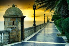 Beautiful Shot Of An Ancient Building On A Bridge In Cadiz, Spain