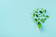 © juliasudnitskaya - Eco friendly lightbulb from fresh leaves top view. Energy saving, ecology and environment sustainable resources conservation. Green and clean power concept.