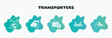 Transporters Filled Icons Set. Flat Icons Such As Loading/unloading Area, Lost And Found, Tram Side View, Backhoe, Aerial Lift Icon Collection. Can Be Used Web And Mobile.