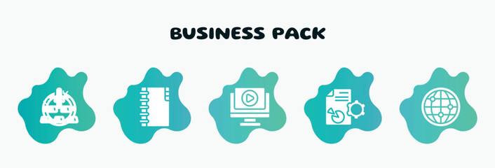 Poster - business pack filled icons set. flat icons such as big portfolio, play video, seo report, big globe, power variant icon collection. can be used web and mobile.