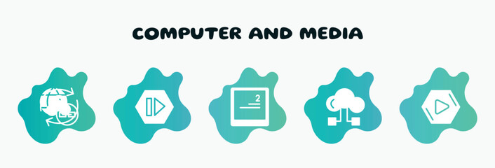 computer and media filled icons set. flat icons such as forward media step, keyboard key with number 2, hosting download, media play, earth link icon collection. can be used web and mobile.