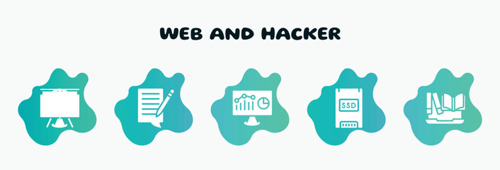 Poster - web and hacker filled icons set. flat icons such as blogging, web analytics, solid state drive, encyclopedia, cracker icon collection. can be used web and mobile.