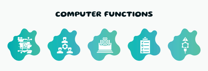 Poster - computer functions filled icons set. flat icons such as work team, cam, data list, connectivity, directory icon collection. can be used web and mobile.