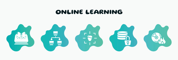 Poster - online learning filled icons set. flat icons such as computer networks, detection, data encryption, burn cd, on icon collection. can be used web and mobile.