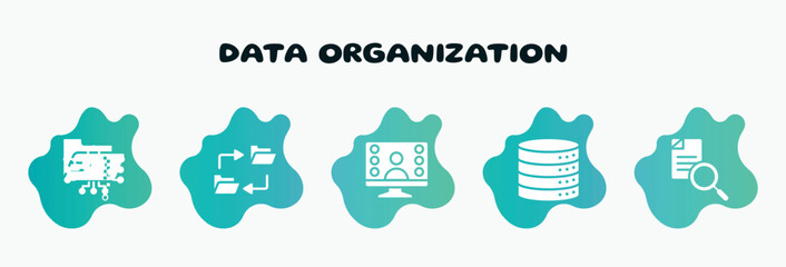 Poster - data organization filled icons set. flat icons such as data synchronization, wenibar, data storage, search file, cyber security icon collection. can be used web and mobile.