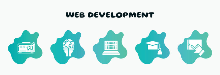 Poster - web development filled icons set. flat icons such as stalk, binary code, graduation cap, touchscreen, edit text icon collection. can be used web and mobile.